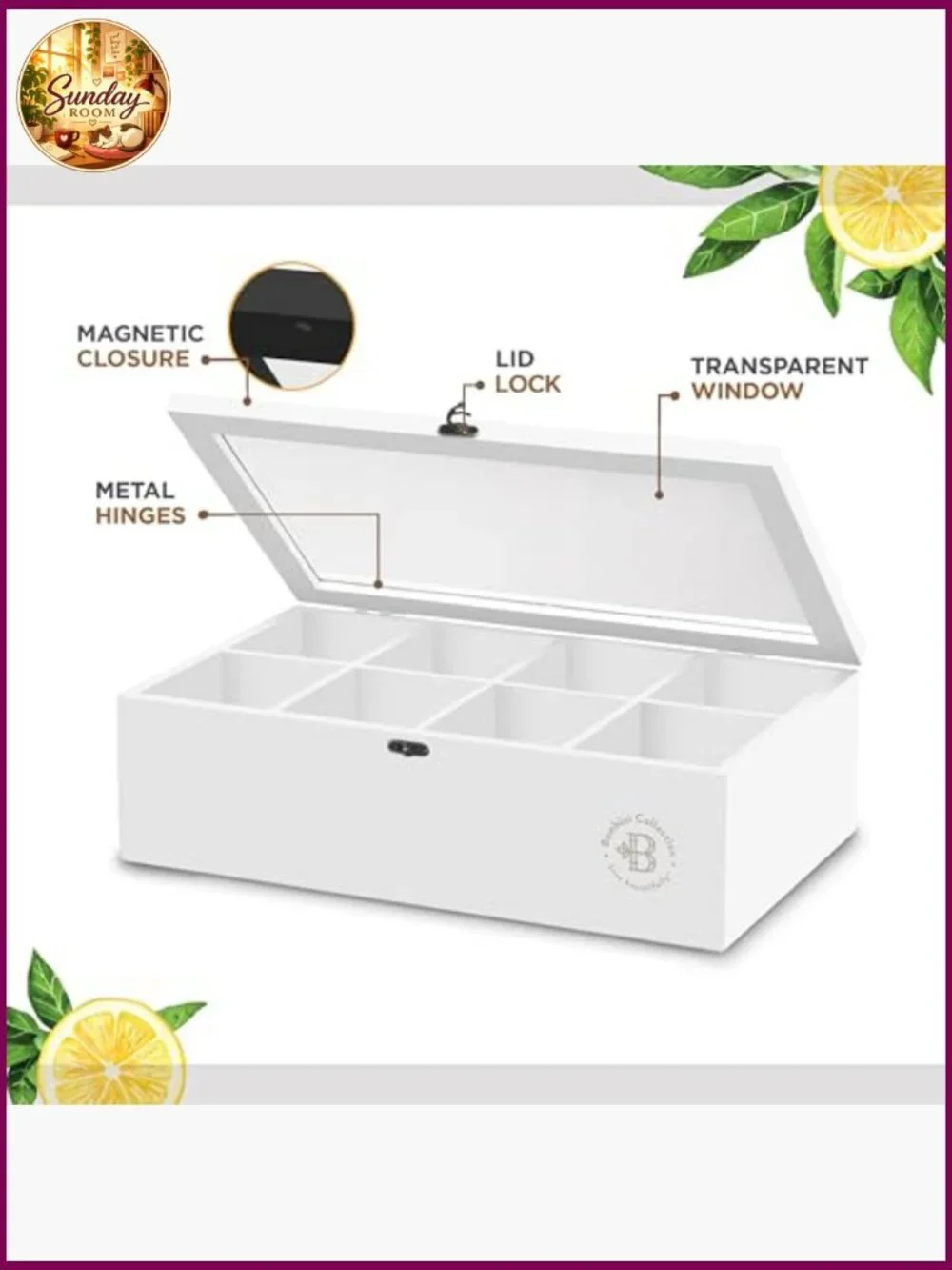 Bamboo Tea Bag Organizer with Drawer, 8-Compartment, Acrylic Lid, Magnetic